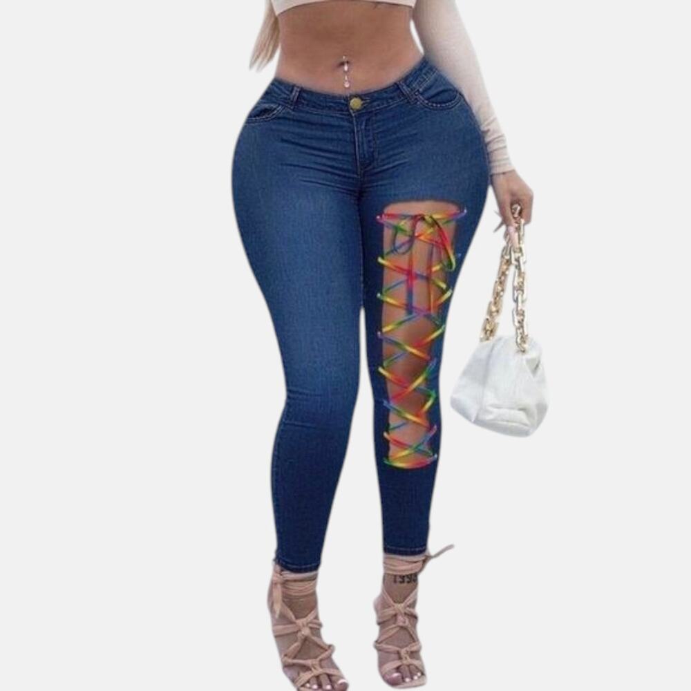 Rainbow Lace Women Low Waist Skinny Jeans